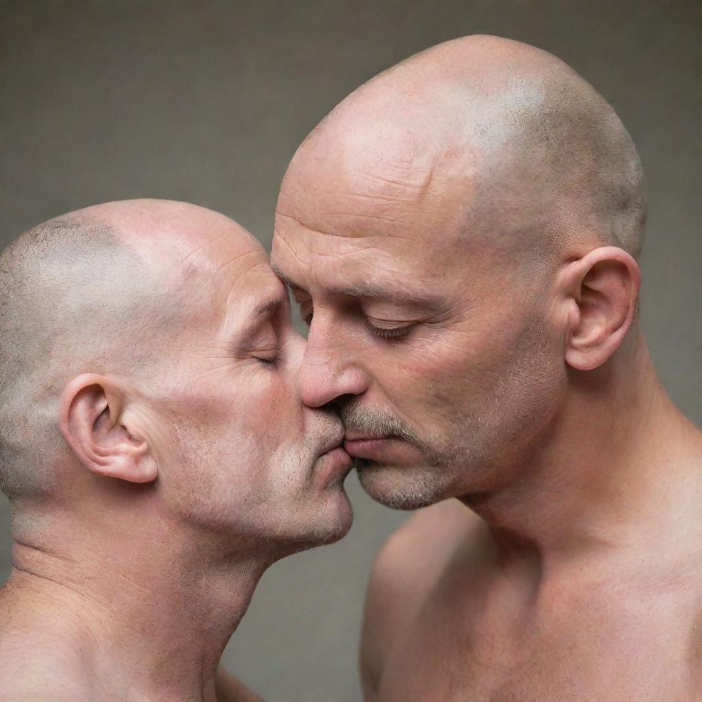 A tender image showcasing a person affectionately kissing a bald man's shiny, hairless head. This intimate moment resonates with warmth, love, and a sense of treasured closeness.