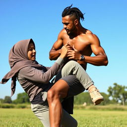 A brown-skinned, tall, thin man energetically wrestling with a woman wearing a hijab