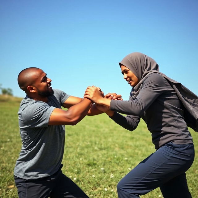 A brown-skinned, tall, thin man energetically wrestling with a woman wearing a hijab