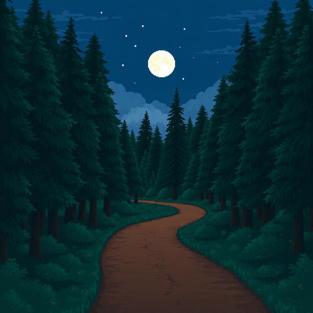 A pixel art forest scene featuring a winding brown pathway leading into the dense trees, illuminated by the serene glow of the moon in the night sky