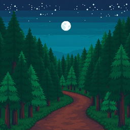 A pixel art forest scene featuring a winding brown pathway leading into the dense trees, illuminated by the serene glow of the moon in the night sky