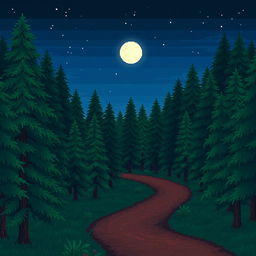 A pixel art forest scene featuring a winding brown pathway leading into the dense trees, illuminated by the serene glow of the moon in the night sky