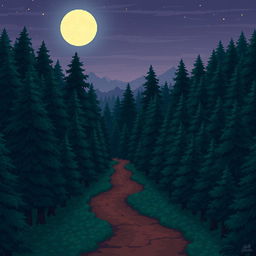 A pixel art forest scene featuring a winding brown pathway leading into the dense trees, illuminated by the serene glow of the moon in the night sky