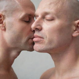 A tender image showcasing a person affectionately kissing a bald man's shiny, hairless head. This intimate moment resonates with warmth, love, and a sense of treasured closeness.