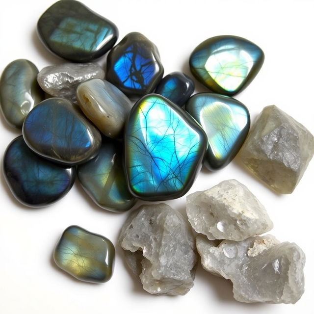 A pile of Labradorite crystals, featuring both polished and raw forms, elegantly displayed on a pristine white backdrop