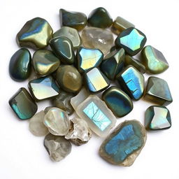 A pile of Labradorite crystals, featuring both polished and raw forms, elegantly displayed on a pristine white backdrop