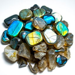 A pile of Labradorite crystals, featuring both polished and raw forms, elegantly displayed on a pristine white backdrop