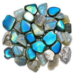 A pile of Labradorite crystals, featuring both polished and raw forms, elegantly displayed on a pristine white backdrop