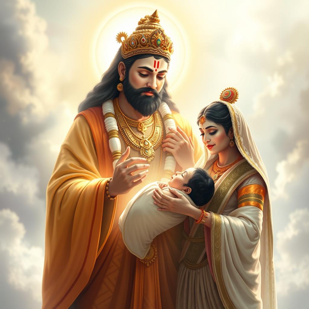A divine scene depicting Lord Bayu blessing Pandu and Kunti with a newborn baby boy