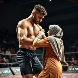 A tall, thin man with brown skin engaging in a wrestling match with a woman wearing a hijab