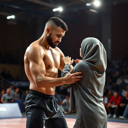 A tall, thin man with brown skin engaging in a wrestling match with a woman wearing a hijab