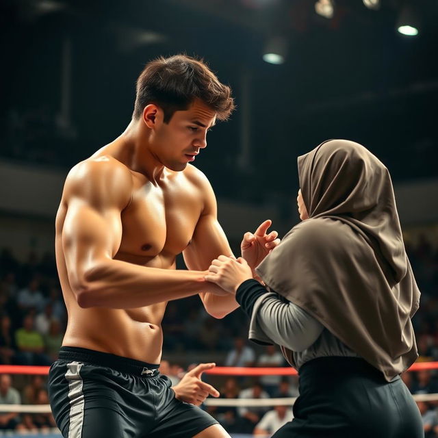 A tall, thin man with brown skin engaging in a wrestling match with a woman wearing a hijab