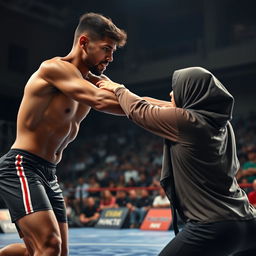 A tall, thin man with brown skin engaging in a wrestling match with a woman wearing a hijab