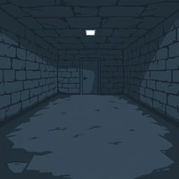 A pixel art depiction of a basement with a gray floor that extends into the distance, leading to a single door at the far end of the room