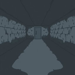 A pixel art depiction of a basement with a gray floor that extends into the distance, leading to a single door at the far end of the room