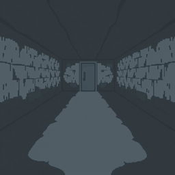 A pixel art depiction of a basement with a gray floor that extends into the distance, leading to a single door at the far end of the room