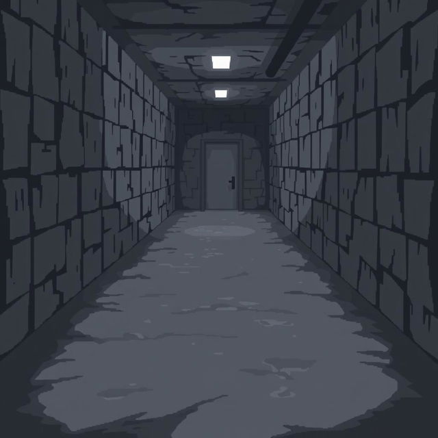 A pixel art depiction of a basement with a gray floor that extends into the distance, leading to a single door at the far end of the room