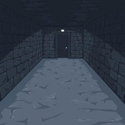 A pixel art depiction of a basement with a gray floor that extends into the distance, leading to a single door at the far end of the room