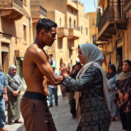 A tall, thin man with brown skin engaging in a friendly wrestling match with a woman wearing a hijab on Al-Manzil Street in rural Egypt