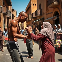 A tall, thin man with brown skin engaging in a friendly wrestling match with a woman wearing a hijab on Al-Manzil Street in rural Egypt