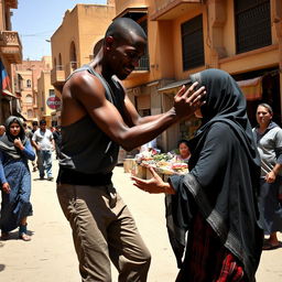 A tall, thin man with brown skin engaging in a friendly wrestling match with a woman wearing a hijab on Al-Manzil Street in rural Egypt