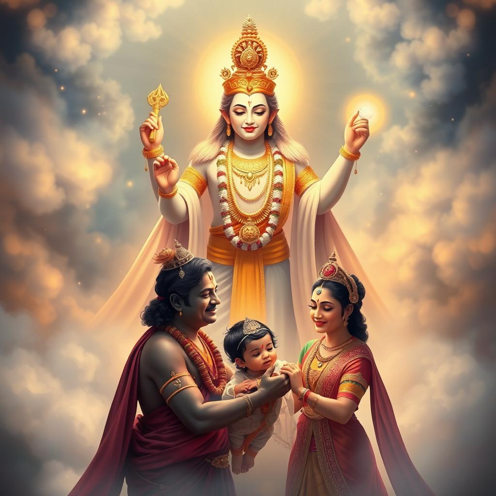 A divine scene with Lord Bayu blessing Mister Pandu and Lady Kunti with a baby boy