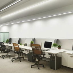 A well-organized, modern office with sleek furniture, ambient lighting, and several work stations with laptops.