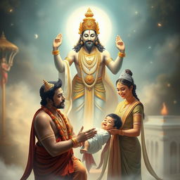 A divine scene with Lord Bayu blessing Mister Pandu and Lady Kunti with a baby boy