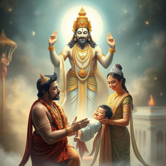 A divine scene with Lord Bayu blessing Mister Pandu and Lady Kunti with a baby boy