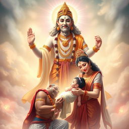 A divine scene with Lord Bayu blessing Mister Pandu and Lady Kunti with a baby boy