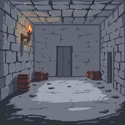 A pixel art illustration of a basement with a gray floor extending into the distance, concluding at a door