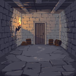 A pixel art illustration of a basement with a gray floor extending into the distance, concluding at a door