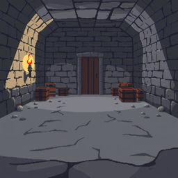 A pixel art illustration of a basement with a gray floor extending into the distance, concluding at a door