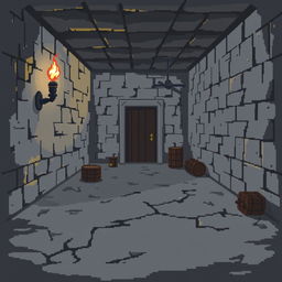 A pixel art illustration of a basement with a gray floor extending into the distance, concluding at a door