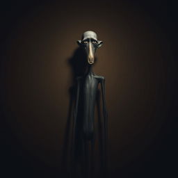 A tall, thin figure with a long face standing sadly behind a textured brown wall