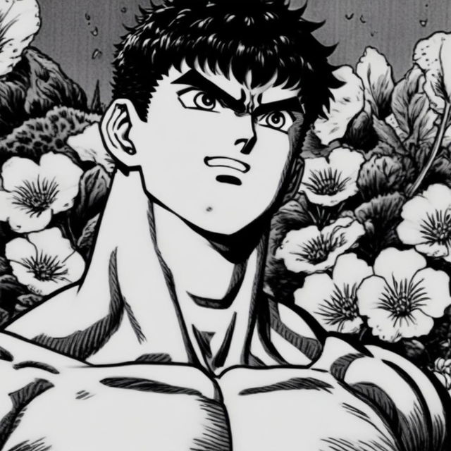 A pencil-drawn black and white profile picture of a muscular Guts from Berserk with a blood-stained smiling face and a thick neck, set against a detailed background of various flowers.