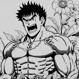 A pencil-drawn black and white profile picture of a muscular Guts from Berserk with a blood-stained smiling face and a thick neck, set against a detailed background of various flowers.