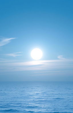 A distant sun in a serene sky, emitting a soft light blue glow, surrounded by wispy clouds