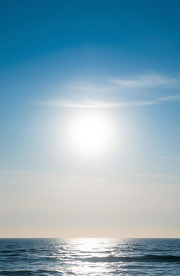 A distant sun in a serene sky, emitting a soft light blue glow, surrounded by wispy clouds