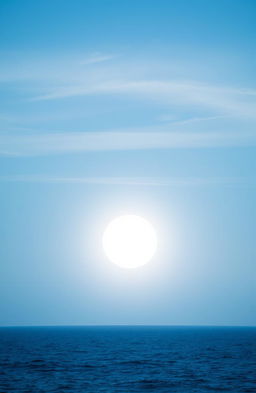 A distant sun in a serene sky, emitting a soft light blue glow, surrounded by wispy clouds