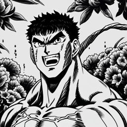 A pencil-drawn black and white profile picture of a muscular Guts from Berserk with a blood-stained smiling face and a thick neck, set against a detailed background of various flowers.