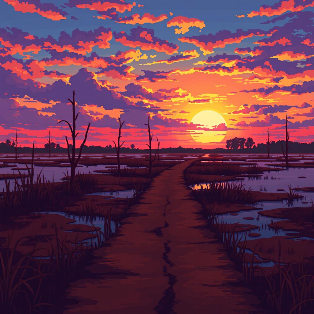 A pixel art depiction of a swamp with a brown pathway stretching into the distance of the marshland