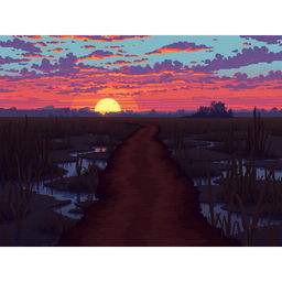 A pixel art depiction of a swamp with a brown pathway stretching into the distance of the marshland