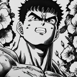 A pencil-drawn black and white profile picture of a muscular Guts from Berserk with a blood-stained smiling face and a thick neck, set against a detailed background of various flowers.