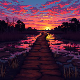 A pixel art depiction of a swamp with a brown pathway stretching into the distance of the marshland