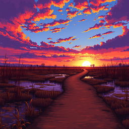 A pixel art depiction of a swamp with a brown pathway stretching into the distance of the marshland