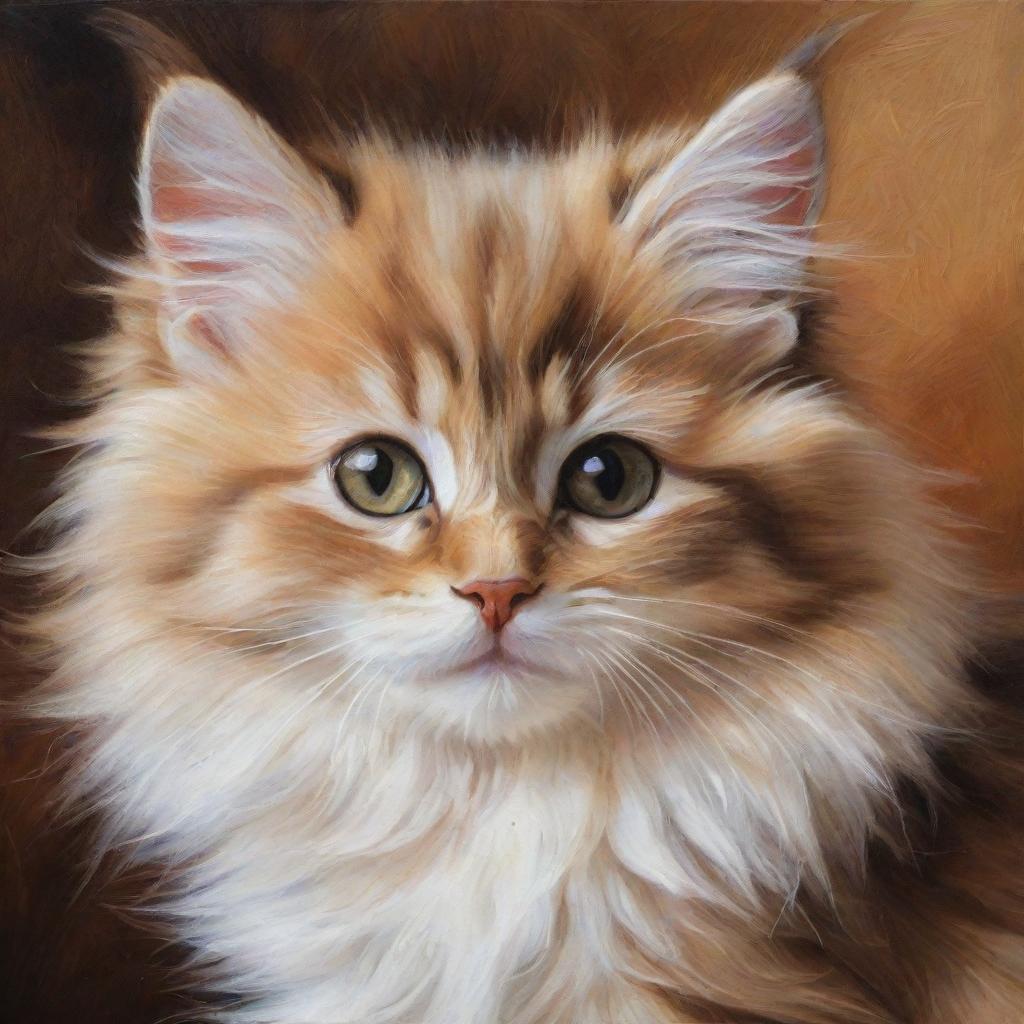 An oil painting of a fluffy, adorable kitten, captured in vivid detail. The kitten's fur is fluffy and soft, with warm hues and contrasting depths, enhancing the overall cuteness.