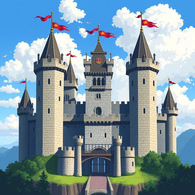 A grand medieval castle in 2D pixel art style