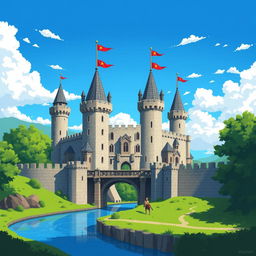 A grand medieval castle in 2D pixel art style