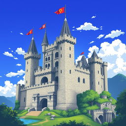 A grand medieval castle in 2D pixel art style